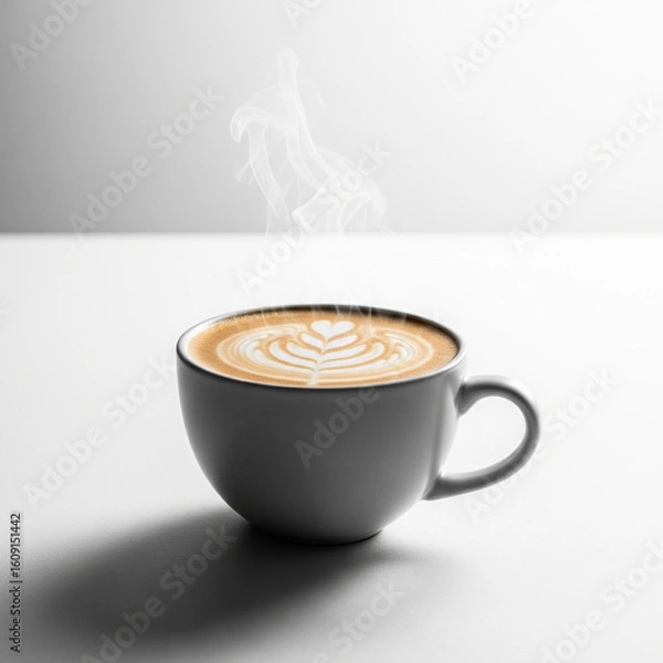 Fototapeta Minimalist studio photograph of a cup of coffee with latte art, isolated on a bright white background with copy space