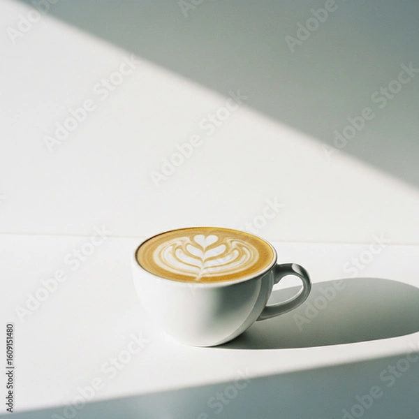 Fototapeta Minimalist studio photograph of a cup of coffee with latte art, isolated on a bright white background with copy space