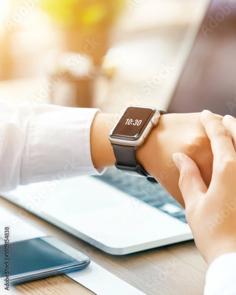 Fototapeta Close-up of hands with smartwatch in modern office while working on a desk