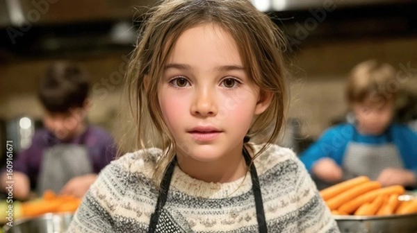 Fototapeta Portrait of a Young Girl in Kitchen Setting with Friends Preparing Vegetables