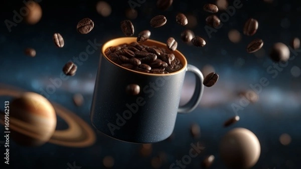 Fototapeta Coffee mug floats with beans among celestial planets and dark cosmic haze