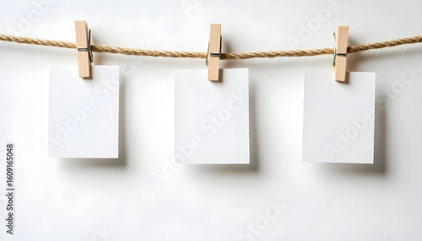 Fototapeta Three blank white cards hang from twine string attached by wooden clips on clean white background. Minimalist flat lay composition