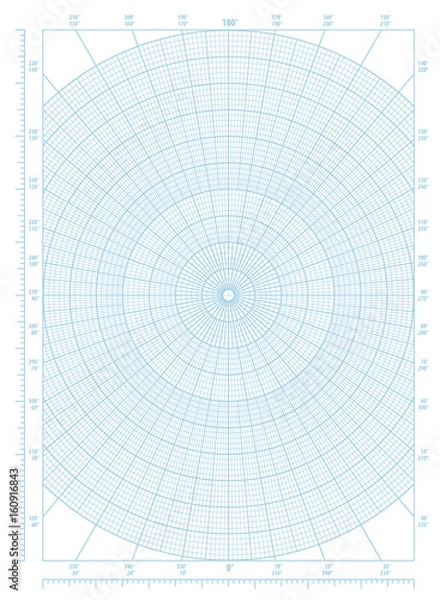 Fototapeta Blue polar coordinate circular grid graph paper, graduated every 1 degree, numbered every 10 degrees in both directions