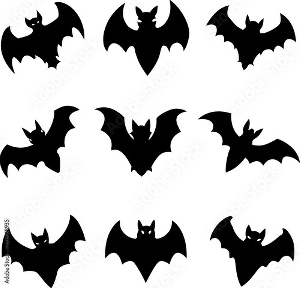 Fototapeta Collection of nine black bat silhouettes for Halloween design