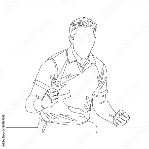 Obraz Line art illustration of a cricketer celebrating a wicket with clenched fists and intense energy, capturing the iconic moment of a bowler’s triumph.