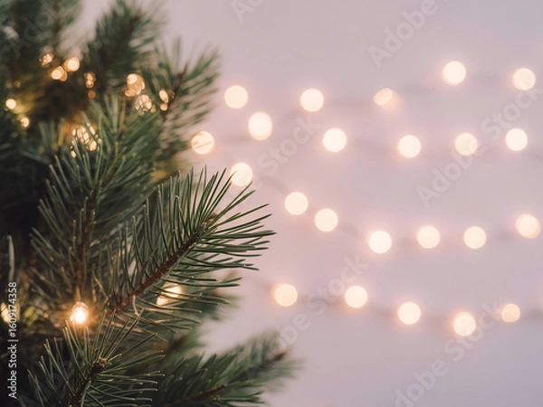 Fototapeta Festive pine branch with warm lights and bokeh background generative ai