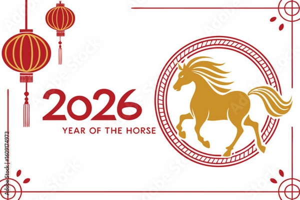 Fototapeta Chinese New Year 2026 Horse Vector Golden Horse, Lanterns, Calligraphy Design.