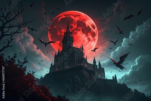 Obraz Dark Gothic Castle with Red Blood Moon and Bats-Ominous gothic castle silhouetted against a glowing red blood moon, surrounded by flying bats and eerie clouds in a horror fantasy scene.