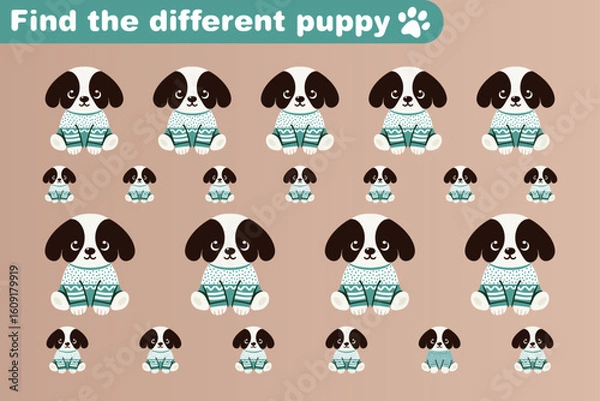 Fototapeta Education puzzle game for children, find the different one, with puppies in spotted sweaters