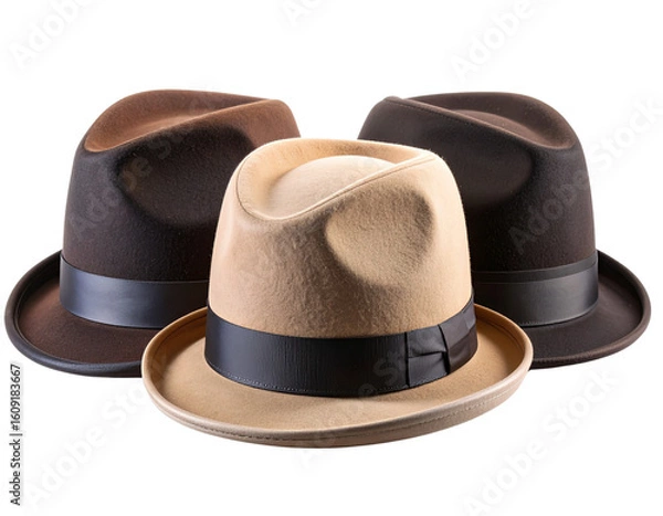 Obraz Classic Bowler Hats in Beige, Black, and Brown – Side View Lineup, Isolated on Transparent Background