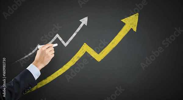 Fototapeta Hand drawing a large yellow upward arrow over a white upward arrow on a blackboard, symbolizing accelerated business growth and strategic improvement.