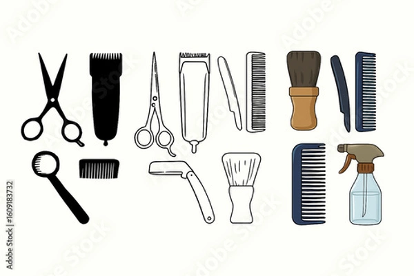 Obraz Vector set of a barber kit illustrated in silhouette, line art, and full-color styles. Ideal for grooming visuals, barbershop branding, hairstyling icons, salon tools, and male grooming design themes.