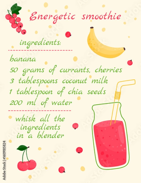 Obraz Energetic smoothie recipe. Banana, red currant, cherry.