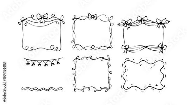 Fototapeta Collection of hand drawn decorative frames and borders with ribbons and garlands in black and white style
