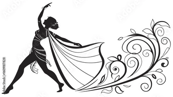 Fototapeta Silhouette of a woman dancing with a flowing garment and floral design element in black and white