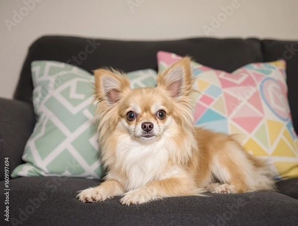 Fototapeta Adorable Chihuahua Relaxing on a Modern Sofa