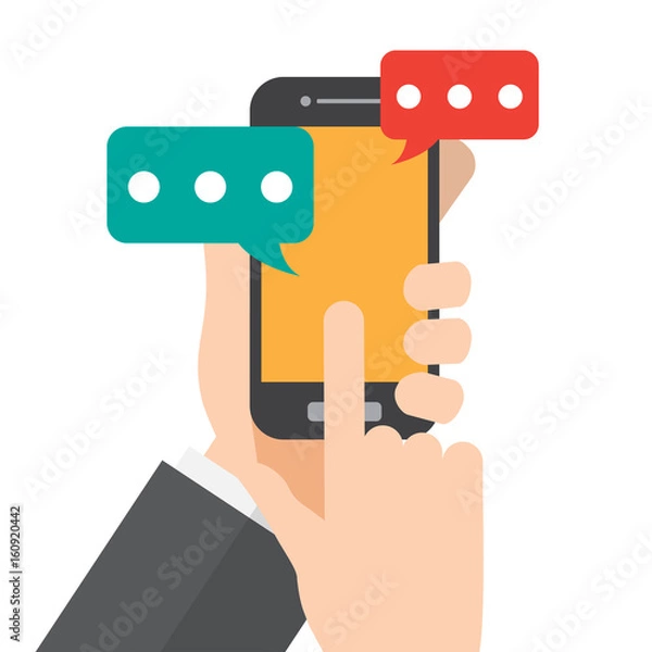 Obraz hand holds smartphone. texting , message or social communication. vector illustration.