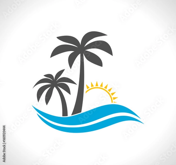 Fototapeta palm tree with wave and sun - tropical icon