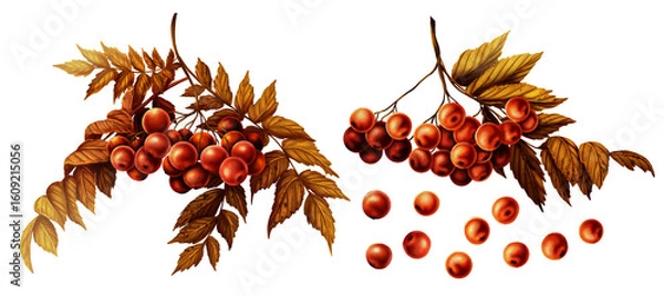 Fototapeta Autumn illustration set of 2 rowan branches with yellowed dry leaves and berries. Autumn print. Decoration with yellow leaves and berries