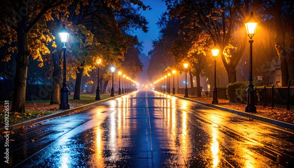 Fototapeta Serene Night Park Pathway with Lanterns and Wet Pavement Reflection