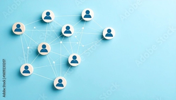 Obraz Simple data communication structure with people icons connected by lines on light blue background