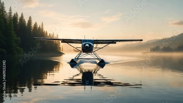 Fototapeta Sunrise over calm lake; seaplane floats gently on water