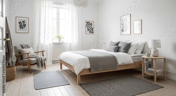 Fototapeta A bright, minimalist bedroom with a wooden bed, grey textiles, and framed art on white walls.