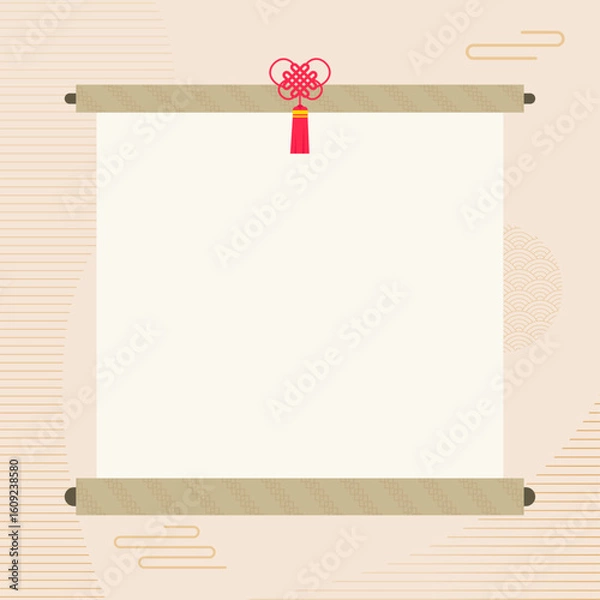 Obraz 한국 전통 배경 일러스트. 두루마리와 노리개가 장식된 배경 디자인. 벡터 일러스트