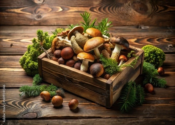 Fototapeta A box of fresh mixed forest mushrooms sits elegantly on a wooden table
