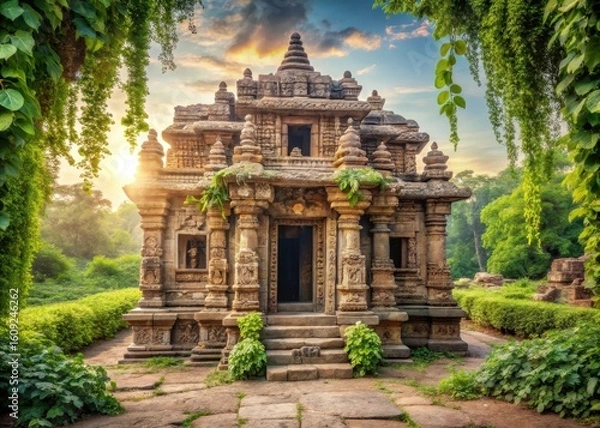 Fototapeta Ancient stone temple with intricate carvings and vines