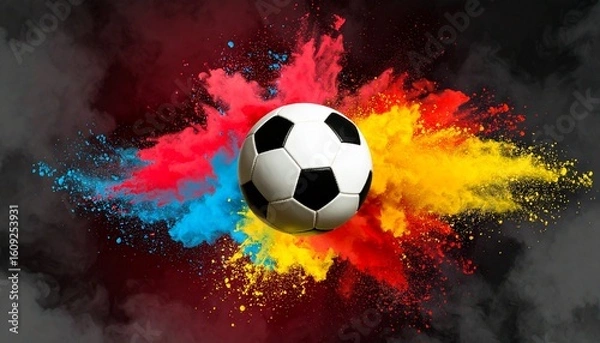 Fototapeta A Black and white soccer ball with vivid paint splashes on dark backdrop blending sport and abstract art