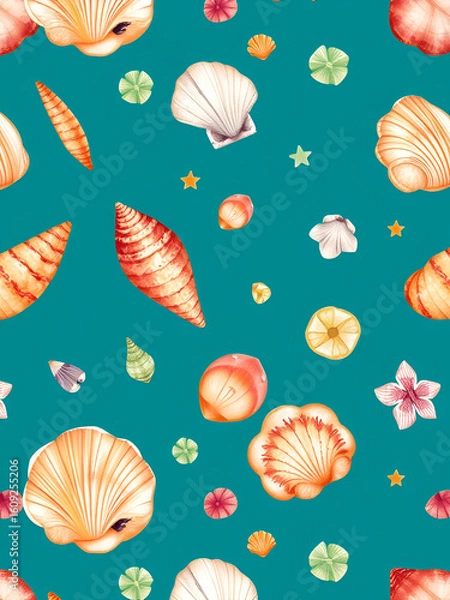 Obraz Summer beach seashell tropical elements. Watercolor background illustration set. Seamless background pattern.