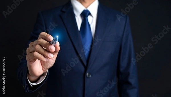 Fototapeta Business wallpaper of a man in a suit holding a pen and pointing somewhere
