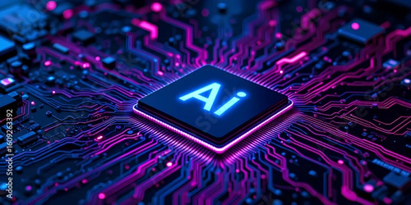 Obraz High-Tech AI Chip Design – Business Network, Circuit, and Data Flow Concept

