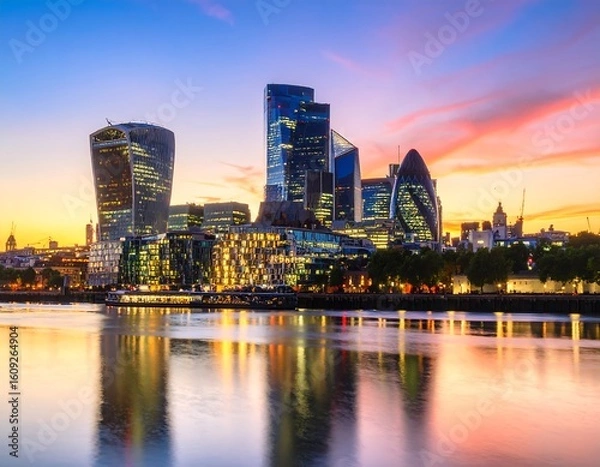 Fototapeta London skyline at sunset, reflected in river. Skyscrapers, illuminated buildings, vibrant colors of twilight, calm river