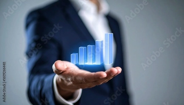 Fototapeta Business wallpaper with a translucent 3D graph shape on the hand of a man in a suit