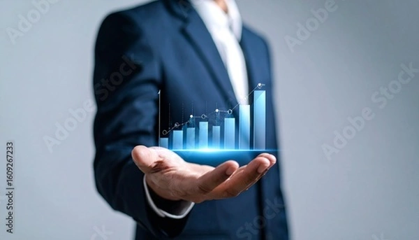 Fototapeta Business wallpaper with a translucent 3D graph shape on the hand of a man in a suit