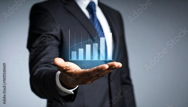 Fototapeta Business wallpaper with a translucent 3D graph shape on the hand of a man in a suit