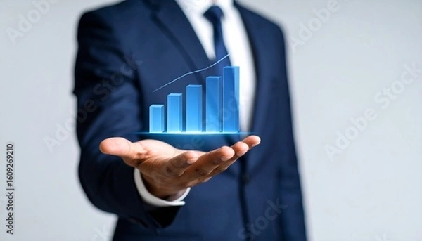 Fototapeta Business wallpaper with a translucent 3D graph shape on the hand of a man in a suit
