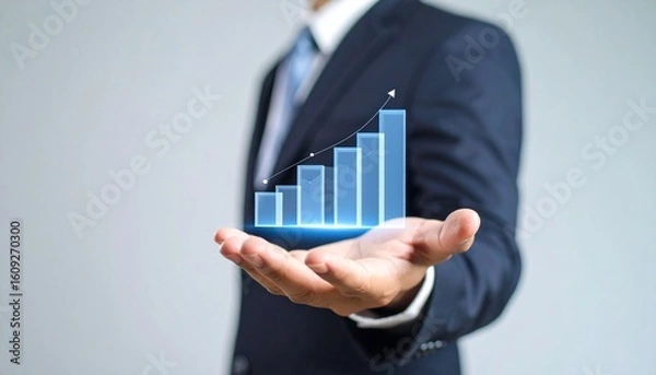 Fototapeta Business wallpaper with a translucent 3D graph shape on the hand of a man in a suit