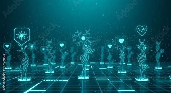 Fototapeta Ai diagnosis uses dna strands to map health data for medical insights.