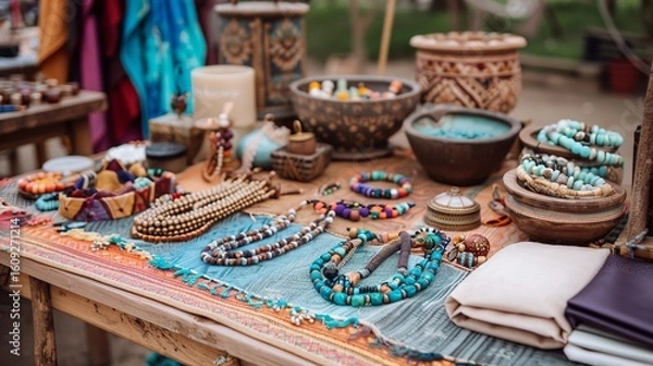Fototapeta A boho craft fair with handmade jewelry and colorful textiles, 