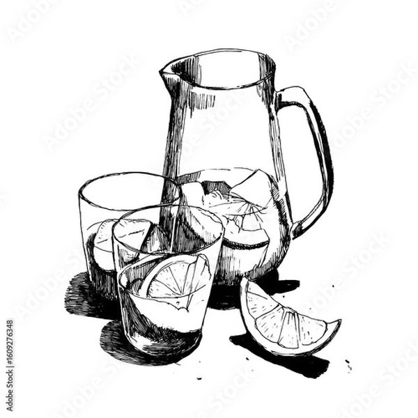 Obraz Hand-Drawn Illustration of Lemon Water in Pitcher and Glasses. This black-and-white ink drawing shows a refreshing scene with a glass pitcher and two drinking glasses filled with lemon slices