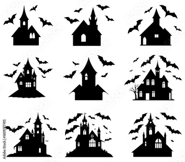 Fototapeta Set of nine haunted house silhouettes with flying bats for Halloween