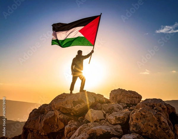 Fototapeta A person stands atop a rugged mountain peak, proudly waving a large Palestinian flag toward a sweeping valley bathed in golden light framed by dramatic clouds and a vivid blue-orange sky
