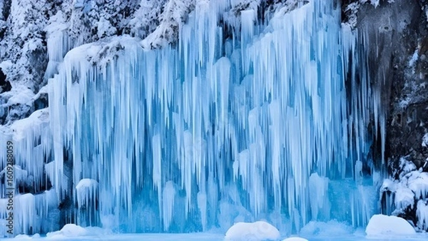 Fototapeta A winter cascade of frozen icicles on the roof of a house