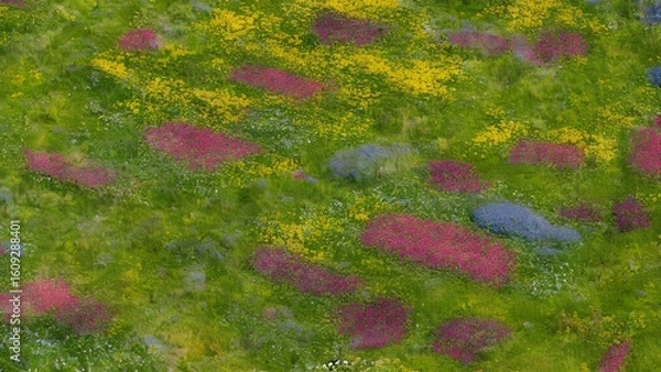 Fototapeta Texture of green grass and colorful flowers in a vintage garden