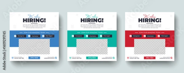 Fototapeta We are hiring job vacancy promotional social media post and square web banner design template. Hiring job opportunity or Job recruitment advertising social media post banner layout design.
