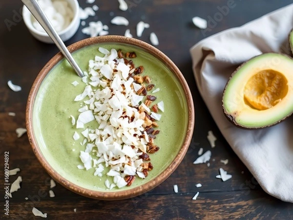 Fototapeta Green smoothie bowl topped with coconut flakes and nuts, healthy dessert, copy space
