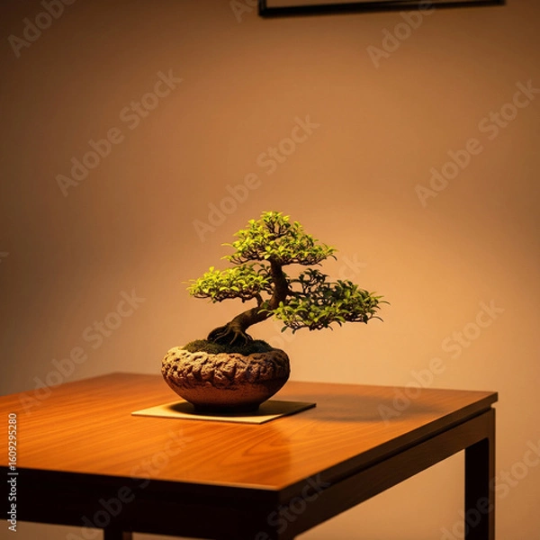 Fototapeta A small bonsai tree in a rustic vase on a polished wooden table, with a painted beige wall in the minimal background. The scene is lit by warm, incandescent light, highlighting the natural textures.